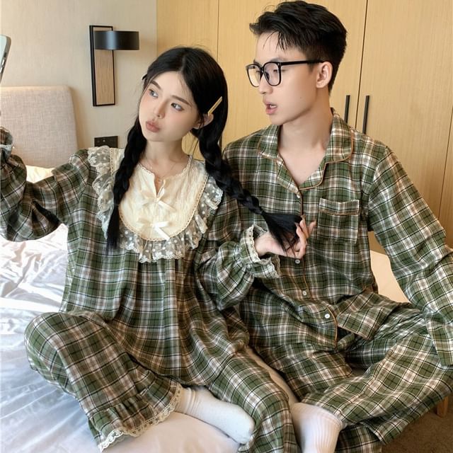 Couple Matching Long-Sleeve Notch Neck Plaid Lace Panel Pajama Top / Lapel Collar Button-Up Top / Pants / Set (Various Designs)