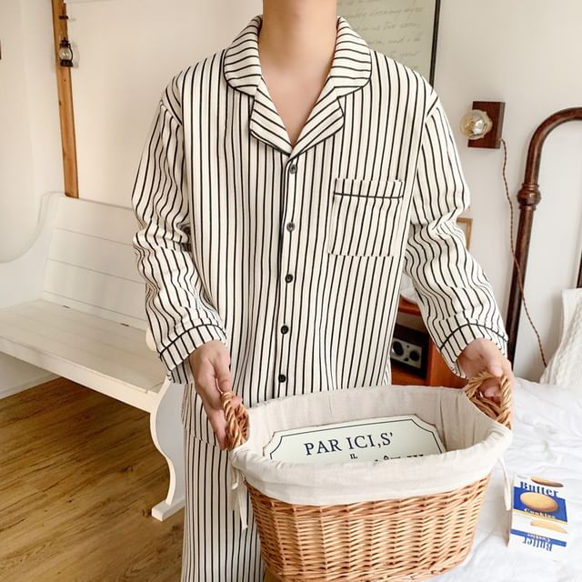 Couple Matching Pajama Set: Long-Sleeve Striped Button-Up Top + Pants (Various Designs)