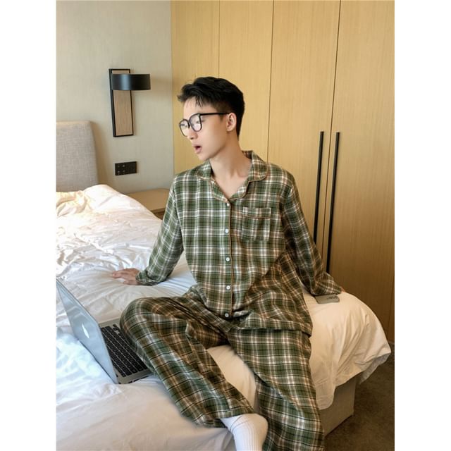 Couple Matching Long-Sleeve Notch Neck Plaid Lace Panel Pajama Top / Lapel Collar Button-Up Top / Pants / Set (Various Designs)