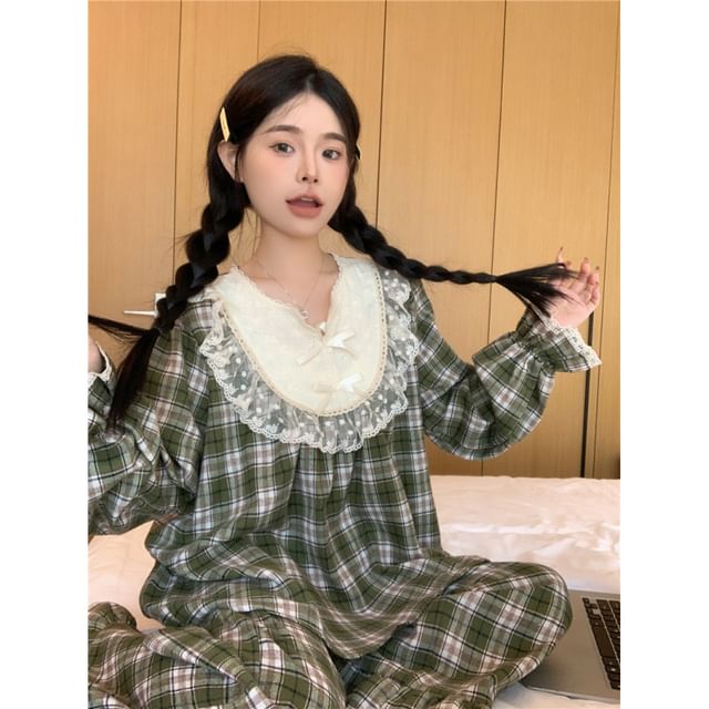 Couple Matching Long-Sleeve Notch Neck Plaid Lace Panel Pajama Top / Lapel Collar Button-Up Top / Pants / Set (Various Designs)