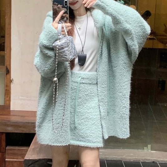 Solid Hood Zip Cardigan Set with Mini Skirt
