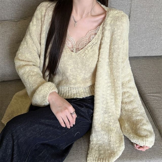 V-Neck Solid Panel Lace Knit Cami Set
