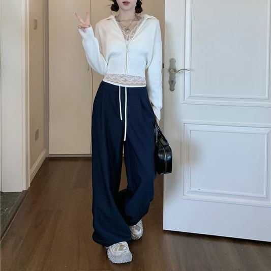 Collared Basic Zip Cardigan Set with Lace Top and Sweatpants