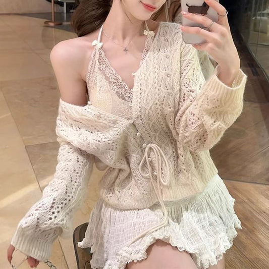 Halter Bow Lace Top or V-Neck Pointelle Cardigan