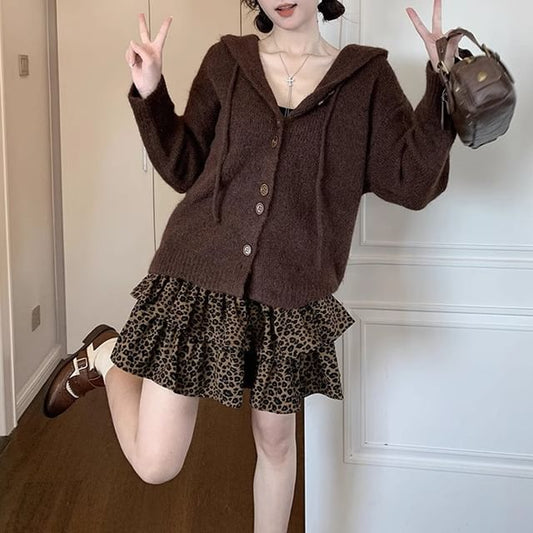 Basic Hood Cardigan Set with Leopard Mini Skirt