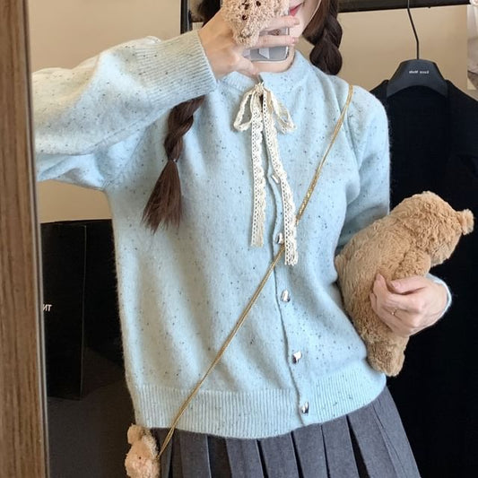 Round Neck Melange Tie Front Cardigan