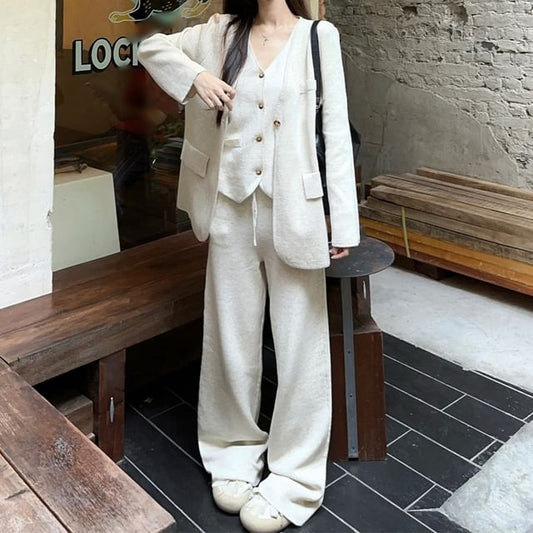 V-Neck Basic Cardigan Set with Vest and Baggy Pants
