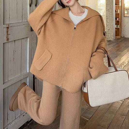 Collared Basic Zip Cardigan Set with Wide Leg Pants