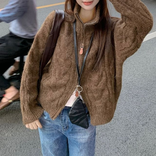 Stand Collar Basic Cable Knit Zip Cardigan