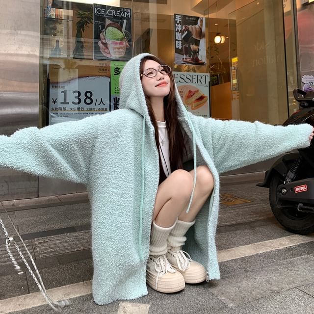 Solid Hood Zip Cardigan Set with Mini Skirt