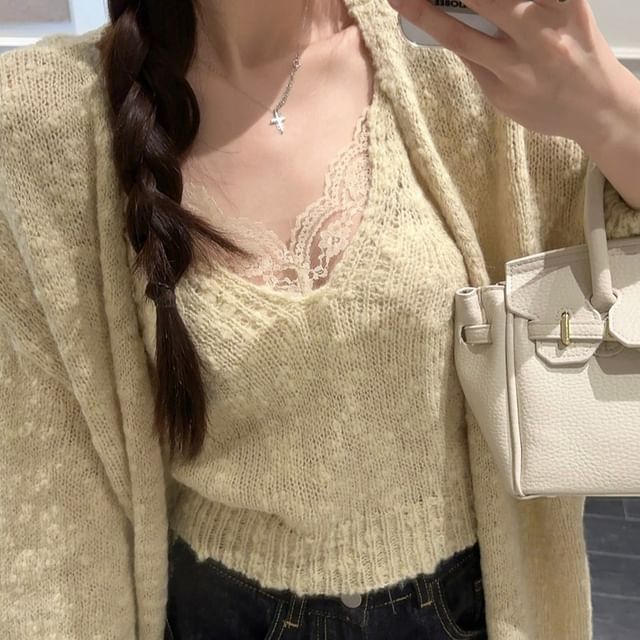 V-Neck Solid Panel Lace Knit Cami Set