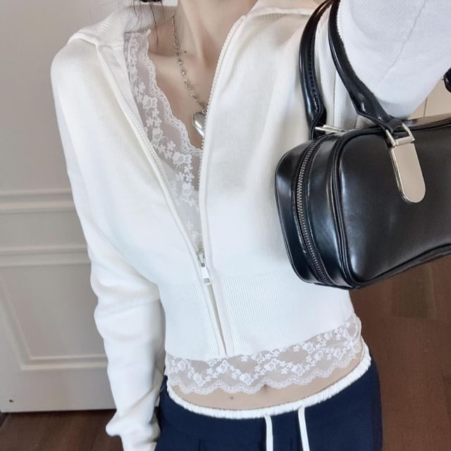 Collared Basic Zip Cardigan Set with Lace Top and Sweatpants
