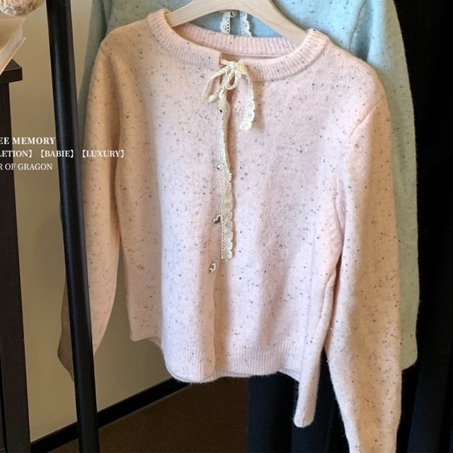 Round Neck Melange Tie Front Cardigan