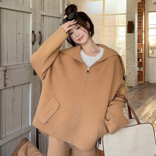 Collared Basic Zip Cardigan Set with Wide Leg Pants