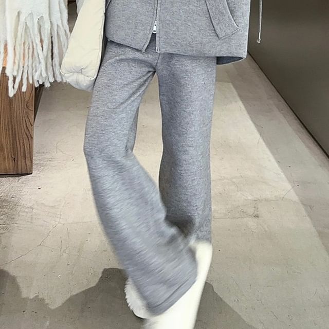 Collared Basic Zip Cardigan Set with Wide Leg Pants