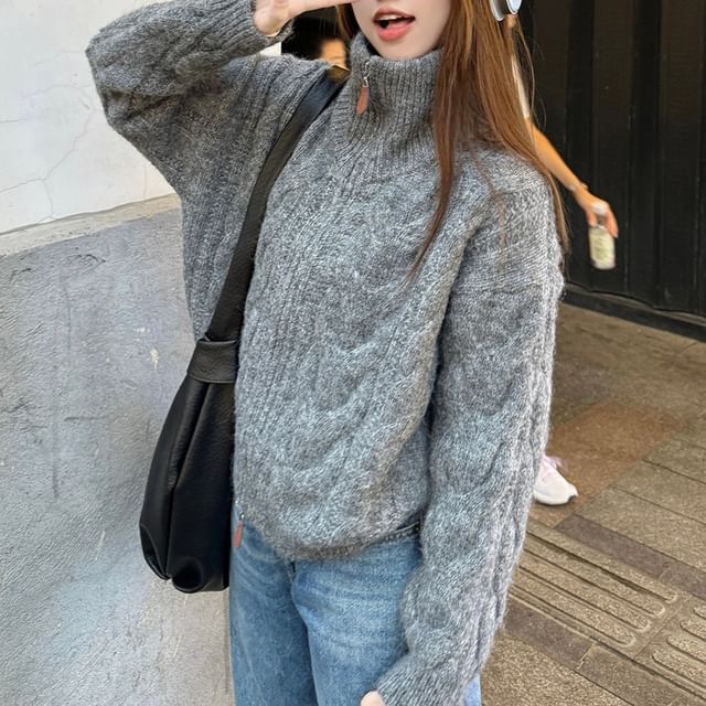 Stand Collar Basic Cable Knit Zip Cardigan