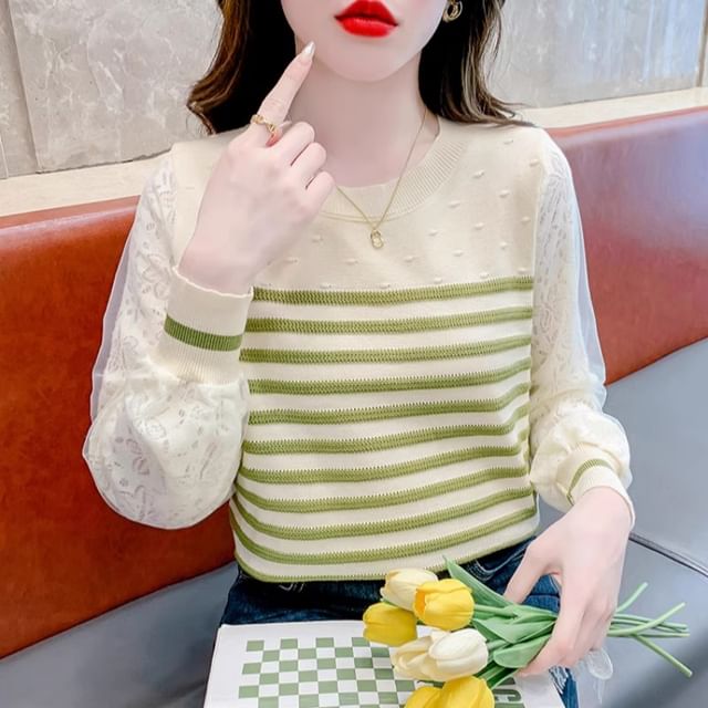 Striped Crewneck Lace Insert Knit Sweater
