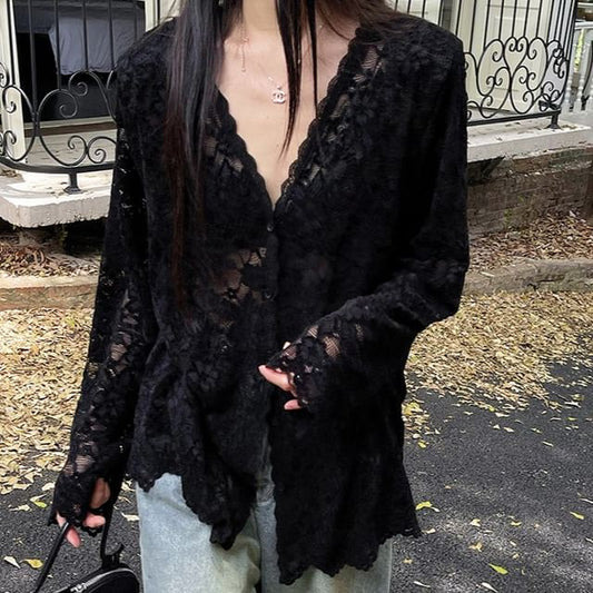 V-Neck Lace Button-Front Long Sleeve Top