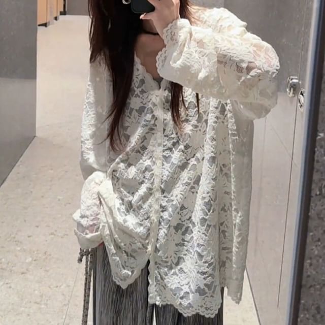 V-Neck Lace Button-Front Long Sleeve Top