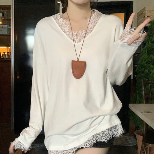 V-Neck Lace Trim Knit Top with Long-Sleeve Sweater