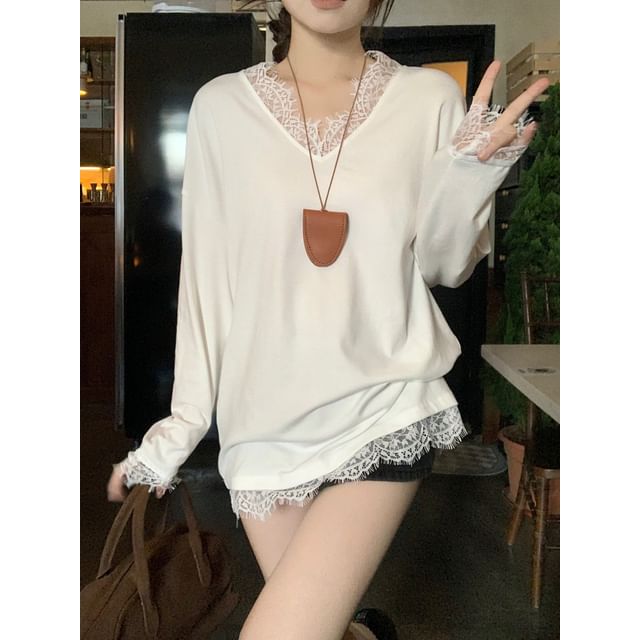 V-Neck Lace Trim Knit Top with Long-Sleeve Sweater