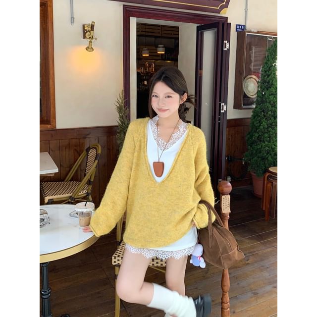 V-Neck Lace Trim Knit Top with Long-Sleeve Sweater