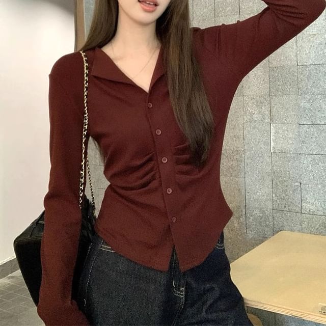 V-Neck Collar Ruched Slim-Fit Light Cardigan