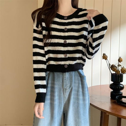 Crewneck Striped Button-Up Cardigan