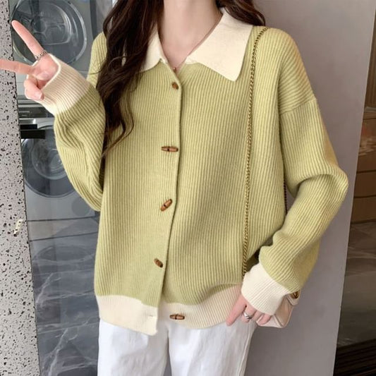 Collared Toggle Two Tone Cardigan