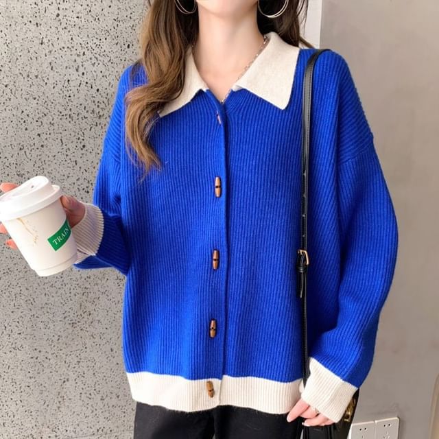 Collared Toggle Two Tone Cardigan