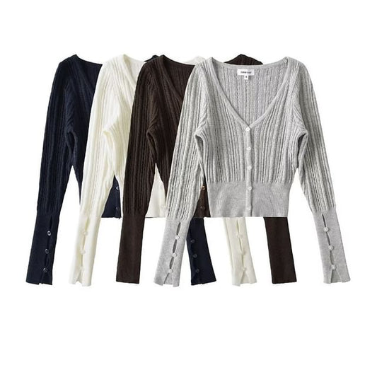 V-Neck Simple Cutout Button-Up Crop Cardigan