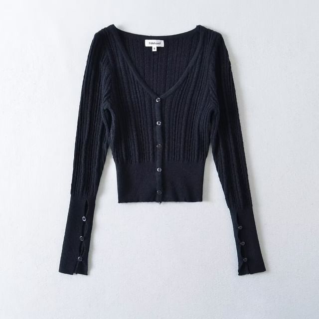 V-Neck Simple Cutout Button-Up Crop Cardigan