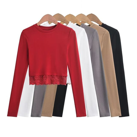 Crewneck Lace Insert Cropped Sweatshirt