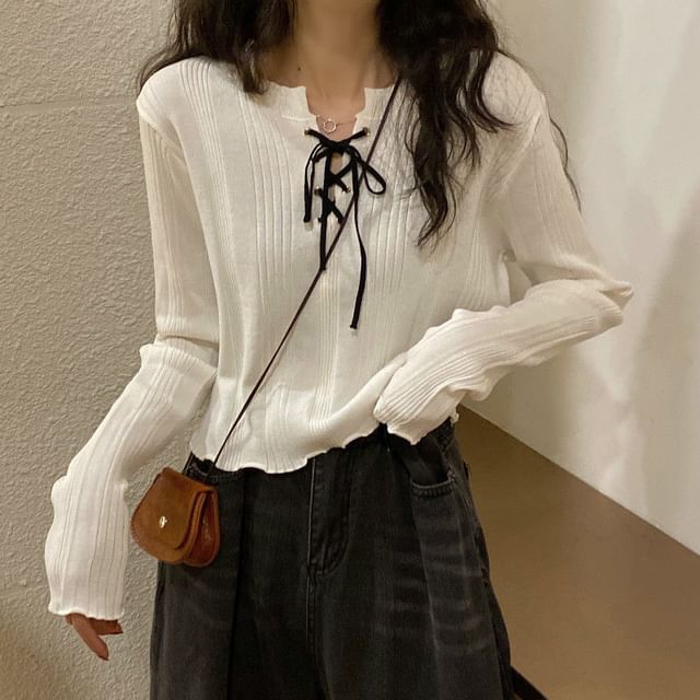 Notch Neck Lace-Up Ribbed Knit Top