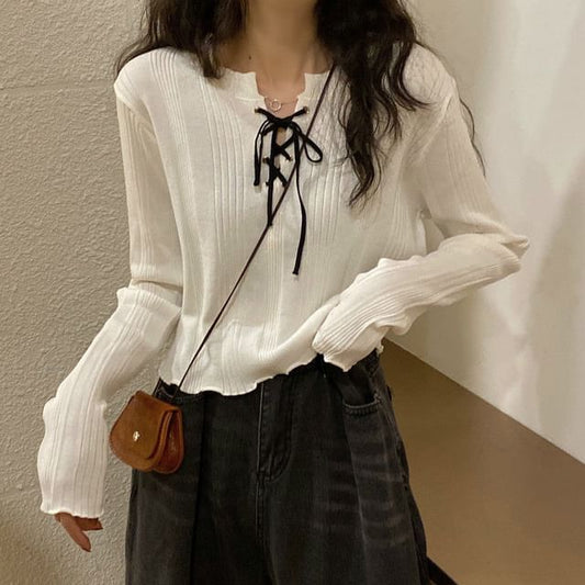 Notch Neck Lace-Up Ribbed Knit Top