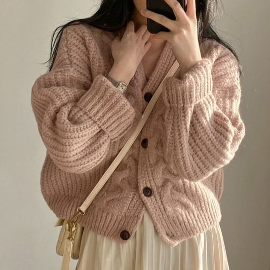 V-Neck Simple Chunky Knit Cardigan