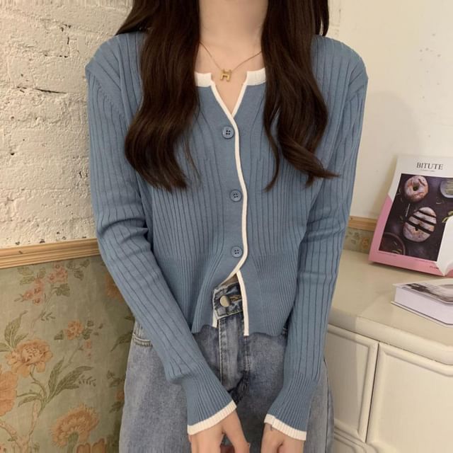 Notch Neck Solid Contrast Trim Ribbed Cardigan