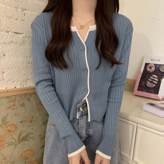 Notch Neck Solid Contrast Trim Ribbed Cardigan