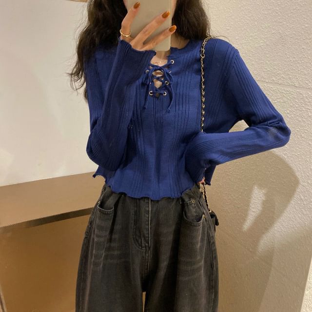 Notch Neck Lace-Up Ribbed Knit Top