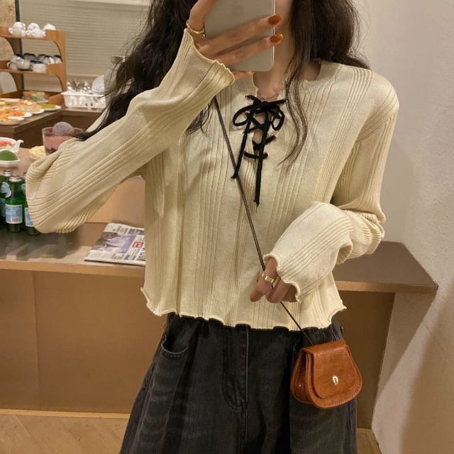 Notch Neck Lace-Up Ribbed Knit Top