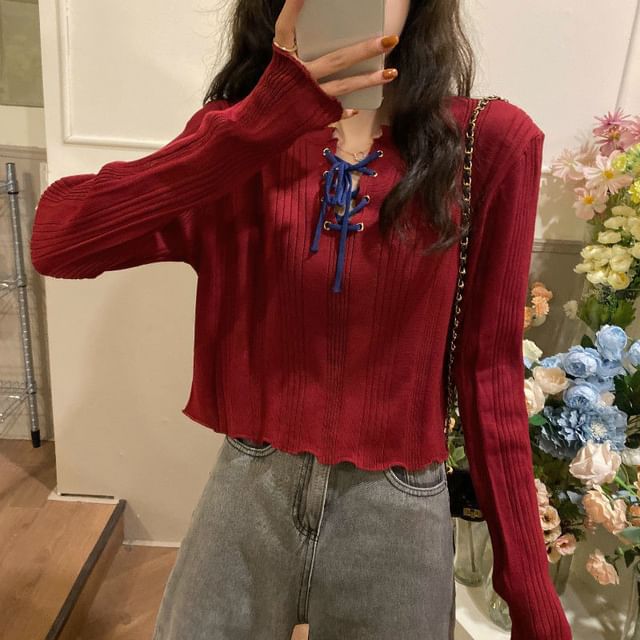 Notch Neck Lace-Up Ribbed Knit Top