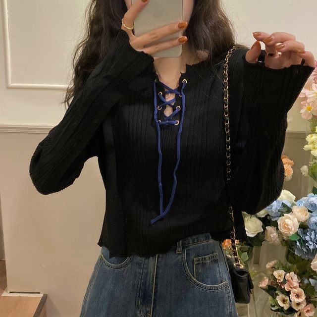Notch Neck Lace-Up Ribbed Knit Top