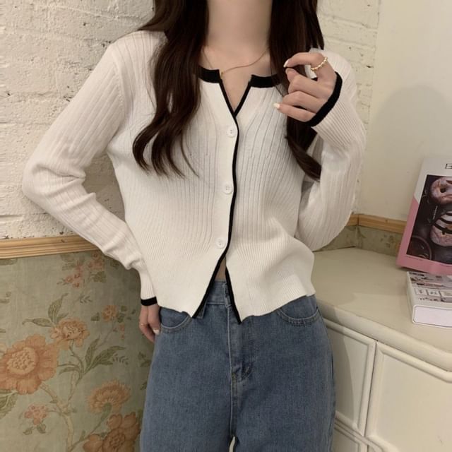 Notch Neck Solid Contrast Trim Ribbed Cardigan