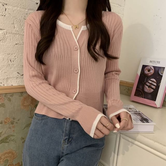 Notch Neck Solid Contrast Trim Ribbed Cardigan