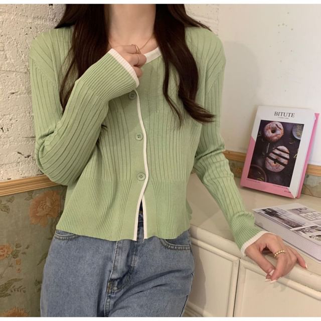 Notch Neck Solid Contrast Trim Ribbed Cardigan