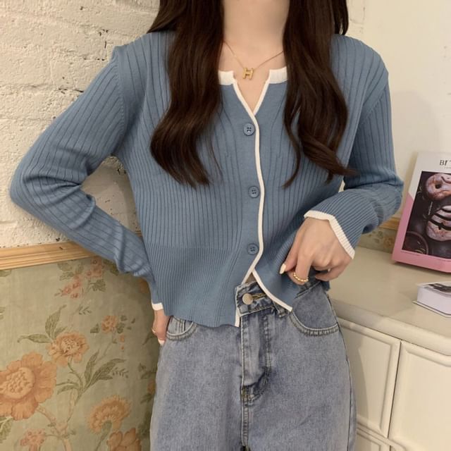Notch Neck Solid Contrast Trim Ribbed Cardigan
