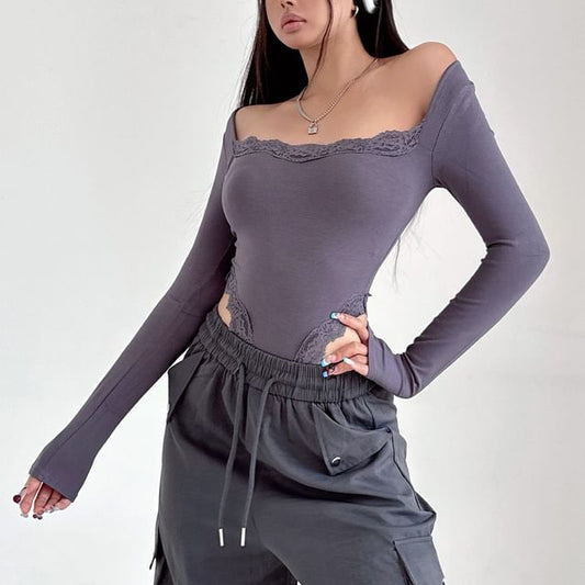 Boatneck Cutout Lace Trim Bodysuit
