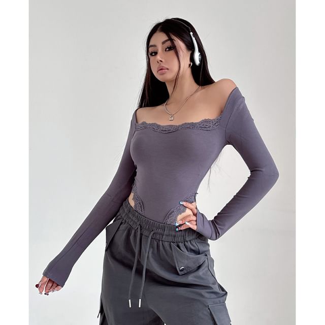 Boatneck Cutout Lace Trim Bodysuit