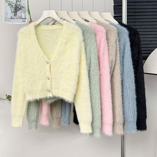 Fluffy Cropped V-Neck Cardigan in Six Shades