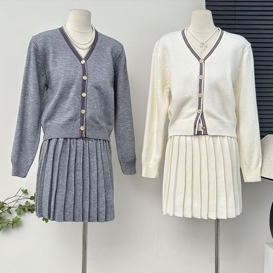 Set Striped V-Neck Crop Cardigan with Pleated A-Line Skirt
